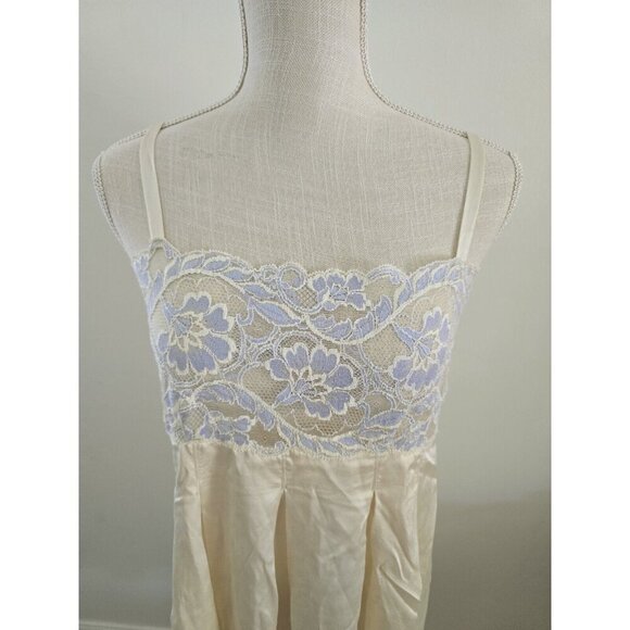 Saks Fifth Avenue Silk Lace Satin Chemise Nighty Blue Cream Vintage Slip Dress M - Picture 2 of 8